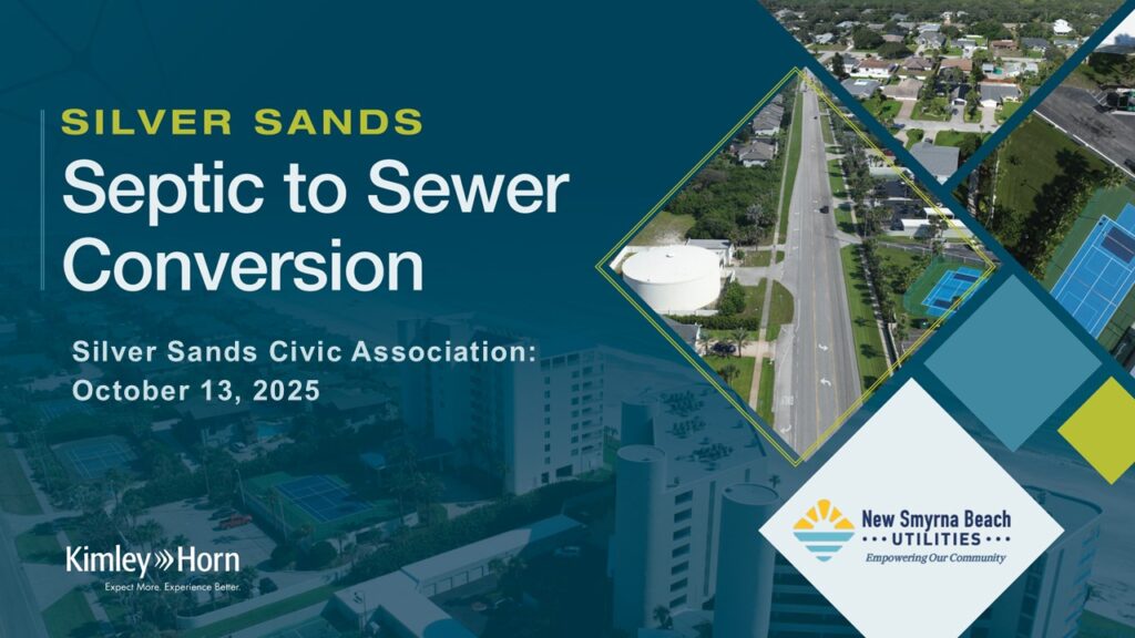 Blue cover showing multiple locations in the Silver Sands project area and the title: Silver Sands Septic to Sewer Conversion - Silver Sands Civic Association: October 13th, 2025. 